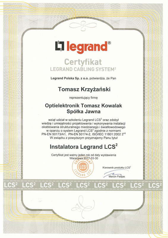 Certyfikat instalatora Legrand LCS
