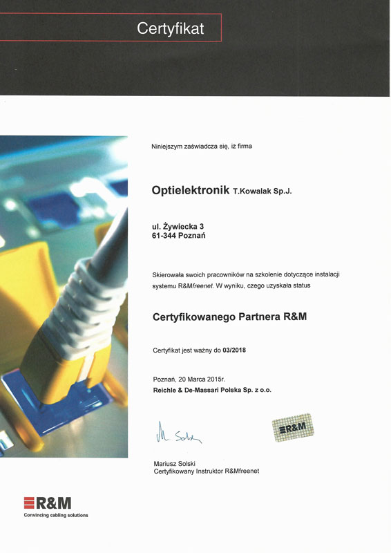 Certyfikat szkolenia partnera R&M